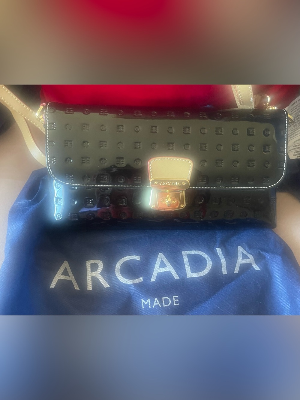 Arcadia Black Patent Leather Crossbody with Cream Strap and Gold Hardware